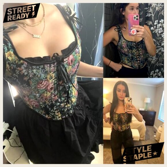 Vintage Floral Renaissance Corset Top Y2K Sleeveless Drawstring Embroidered - Picture 3 of 6